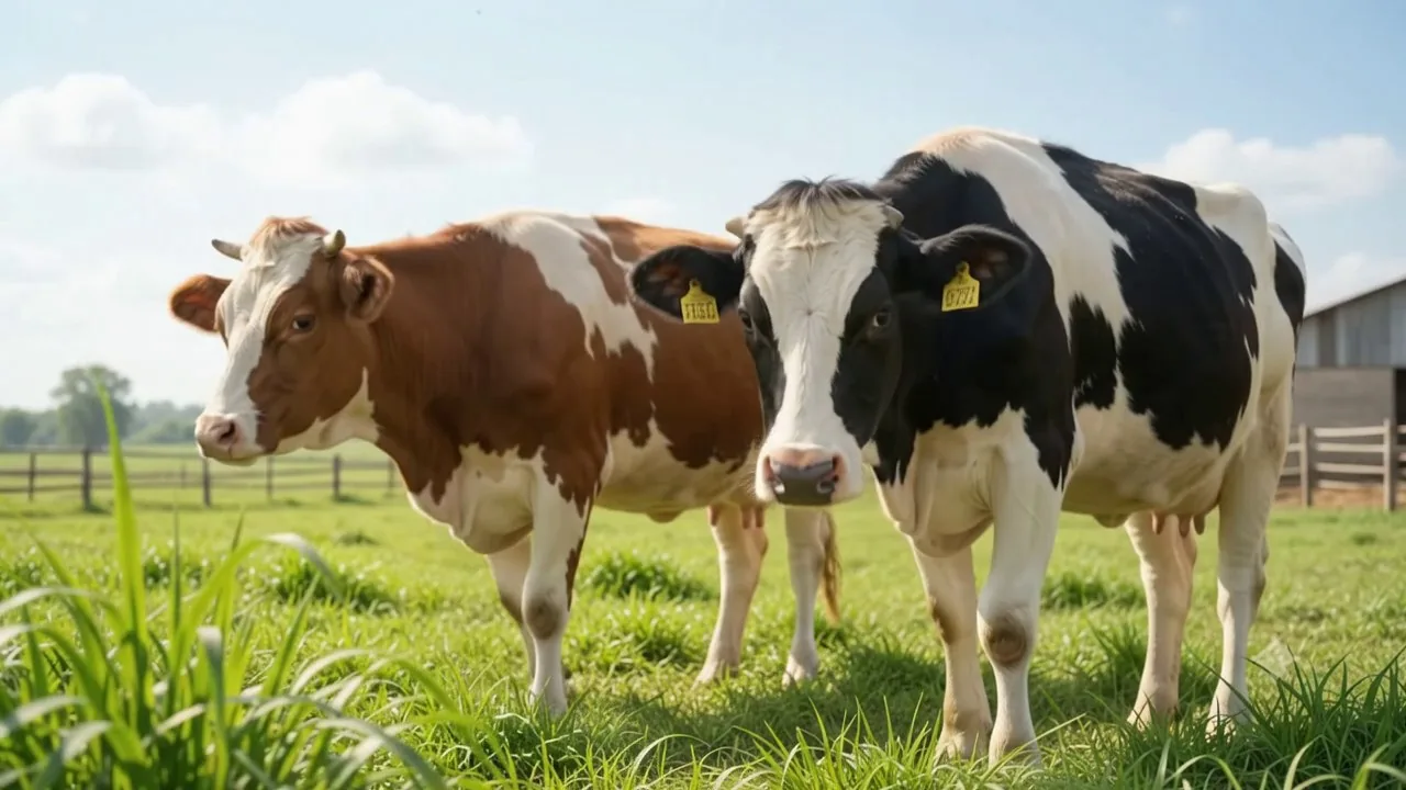 Healthy cows grazing in a green field